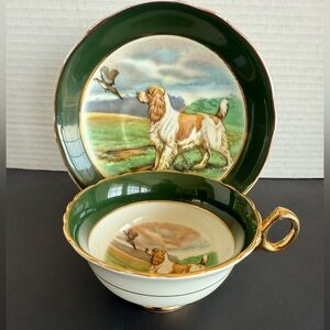 Regency Bone China Green English Setter Dog and Pheasant Scene Teacup + Saucer
